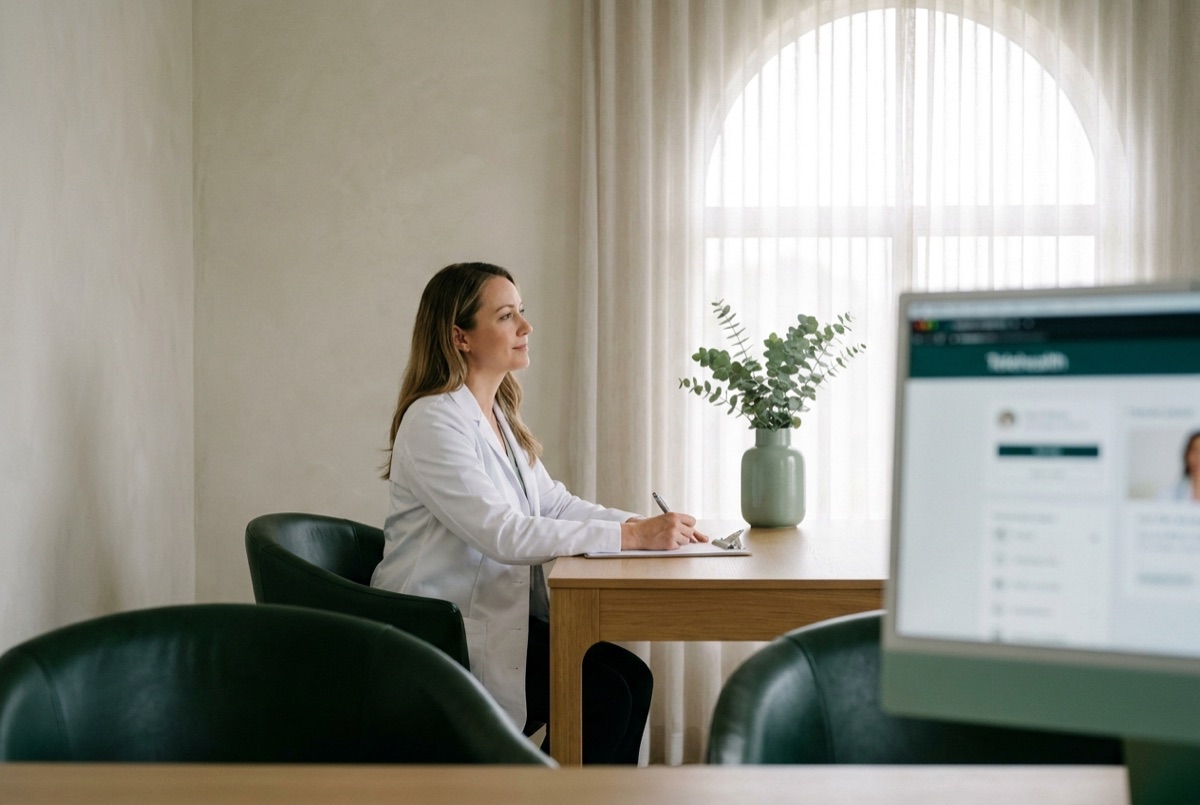 A licensed clinician writing notes at a bright desk by a window