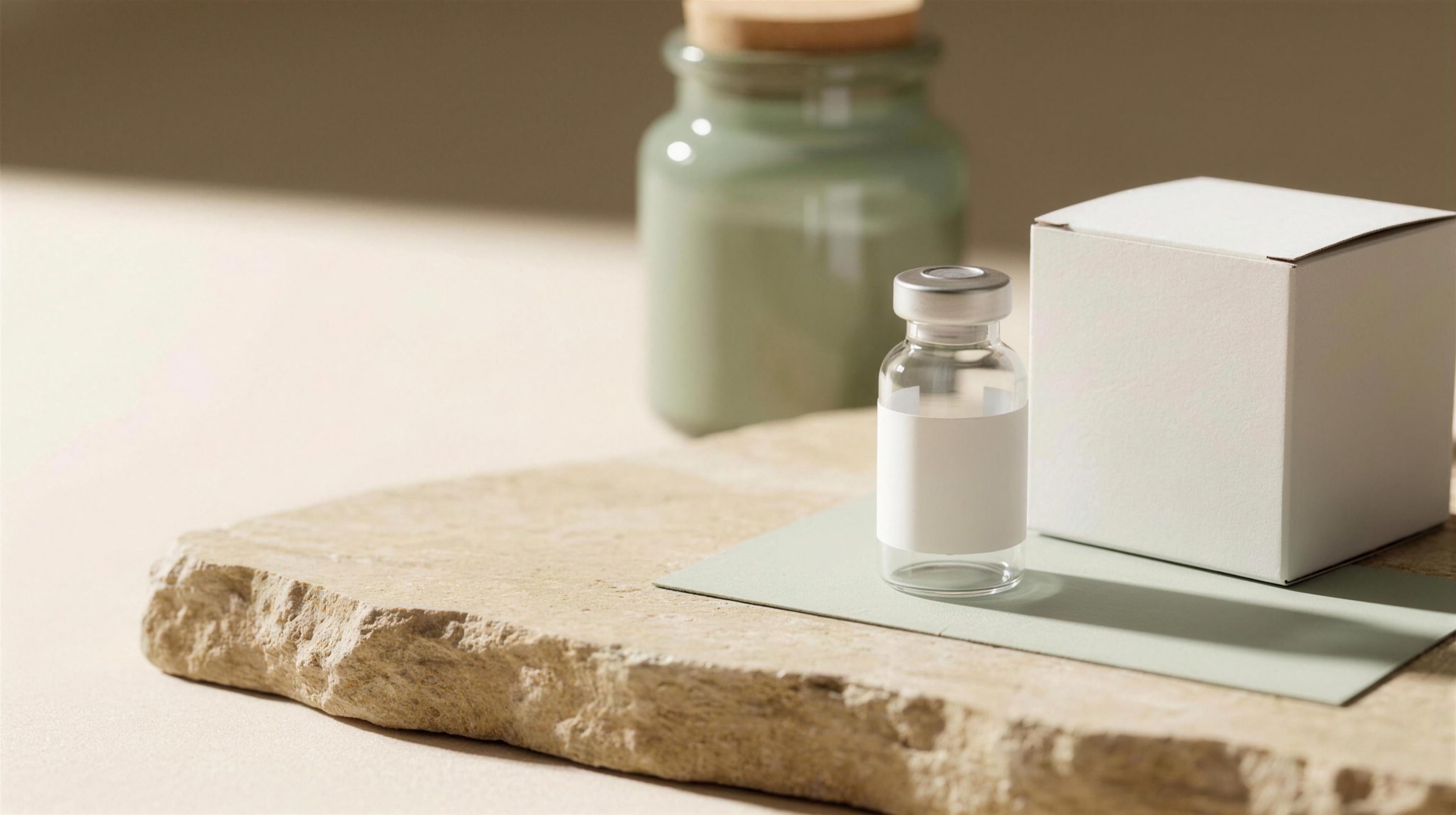 A glass medication vial, a celadon order card, and a plain shipping box on a limestone table