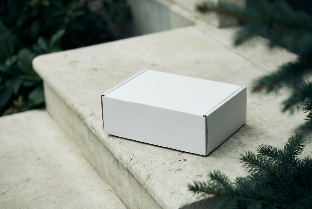 A plain, unbranded parcel on a doorstep in morning light