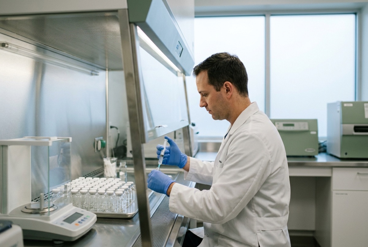 A pharmacist filling glass medication vials under a sterile hood at a compounding pharmacy